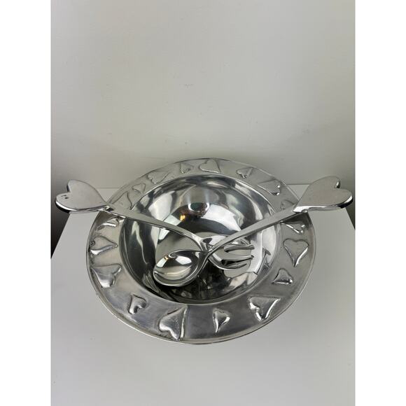 Mexico Silver Salad Bowl Stainless Steel Hearts Spoon Fork Serveware Set RARE - Picture 2 of 11